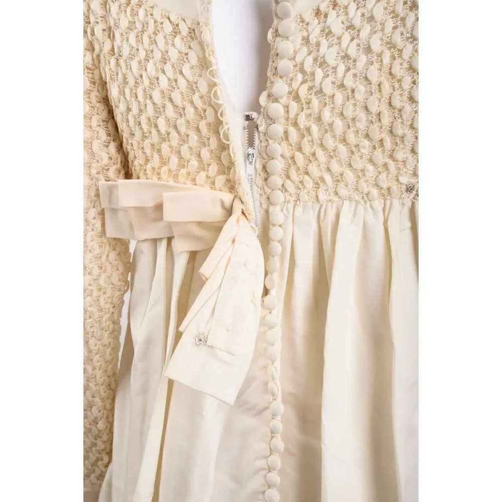 Vintage 1960s Womens Party Dress Beige ecru Popcorn Ribbon Weave Bodice XS S